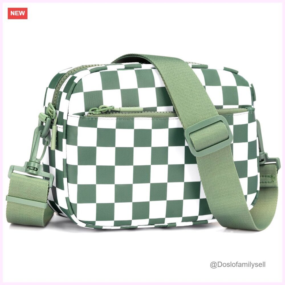 Small Checkered Crossbody Bag with Wide Strap, Multiple Pockets, Adjustable